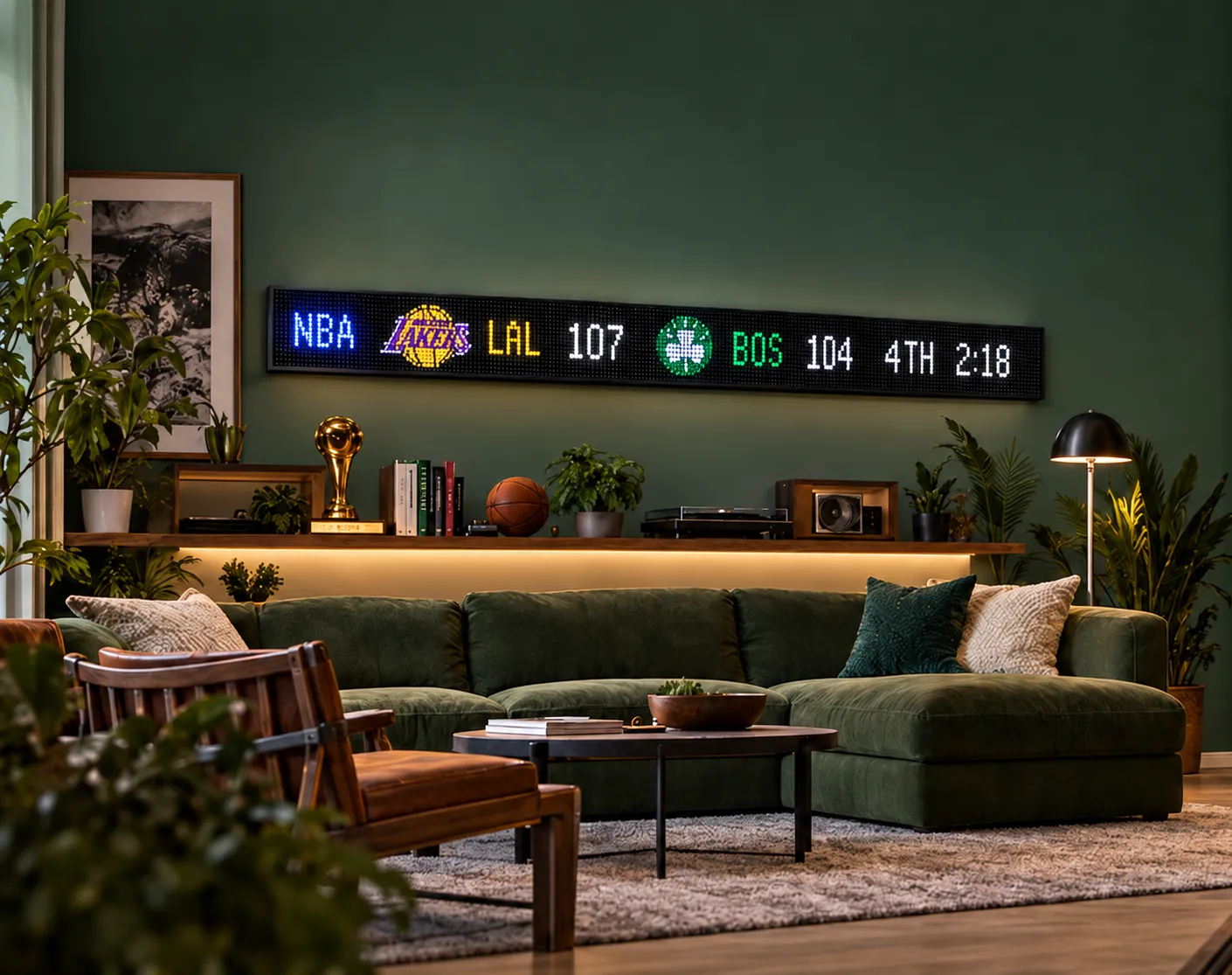 Illustrative home lounge with a JamCast sign showing sample basketball scores