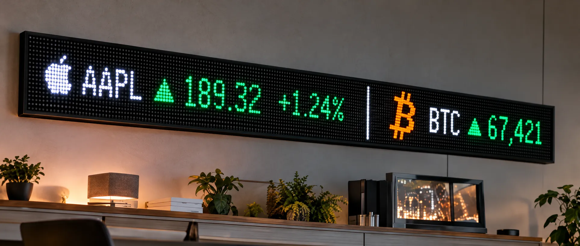 Illustrative interior with stocks & crypto on an LED sign; sample content