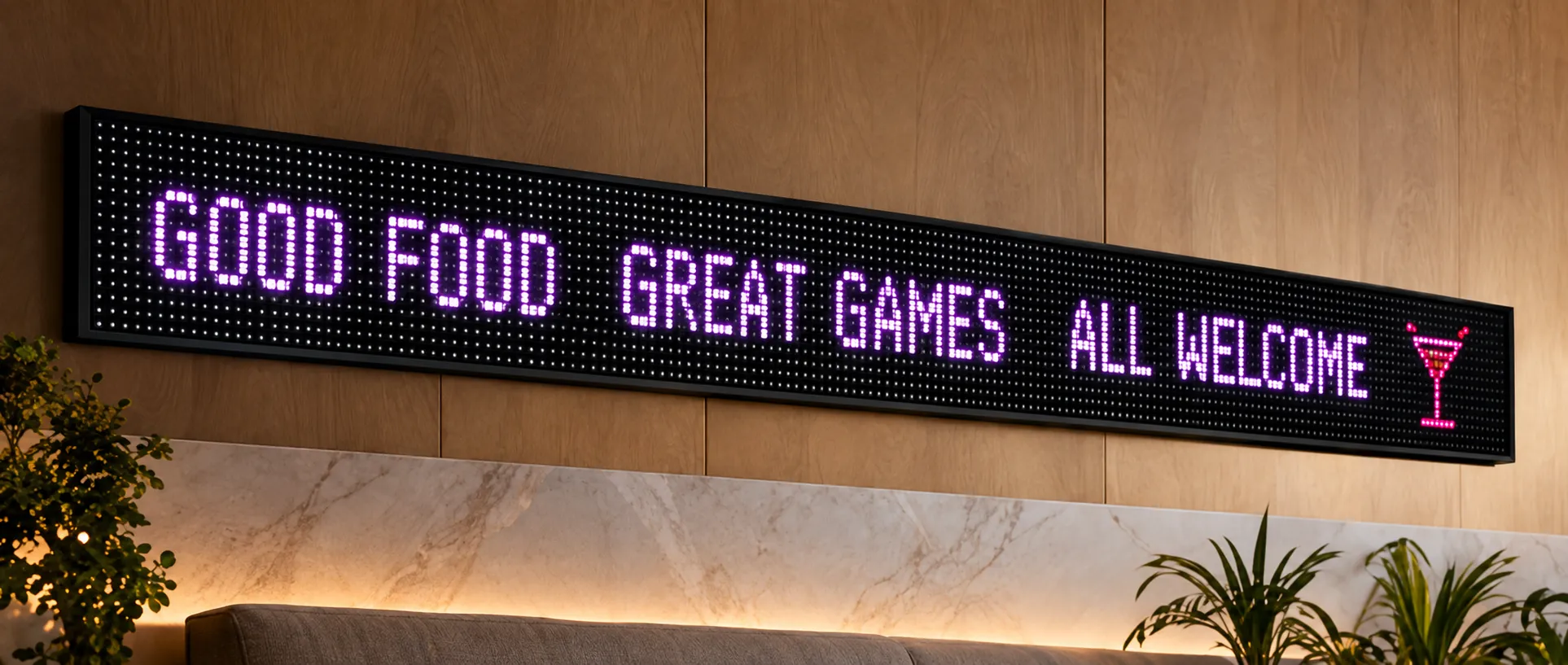 Illustrative interior with custom messages on an LED sign; sample content