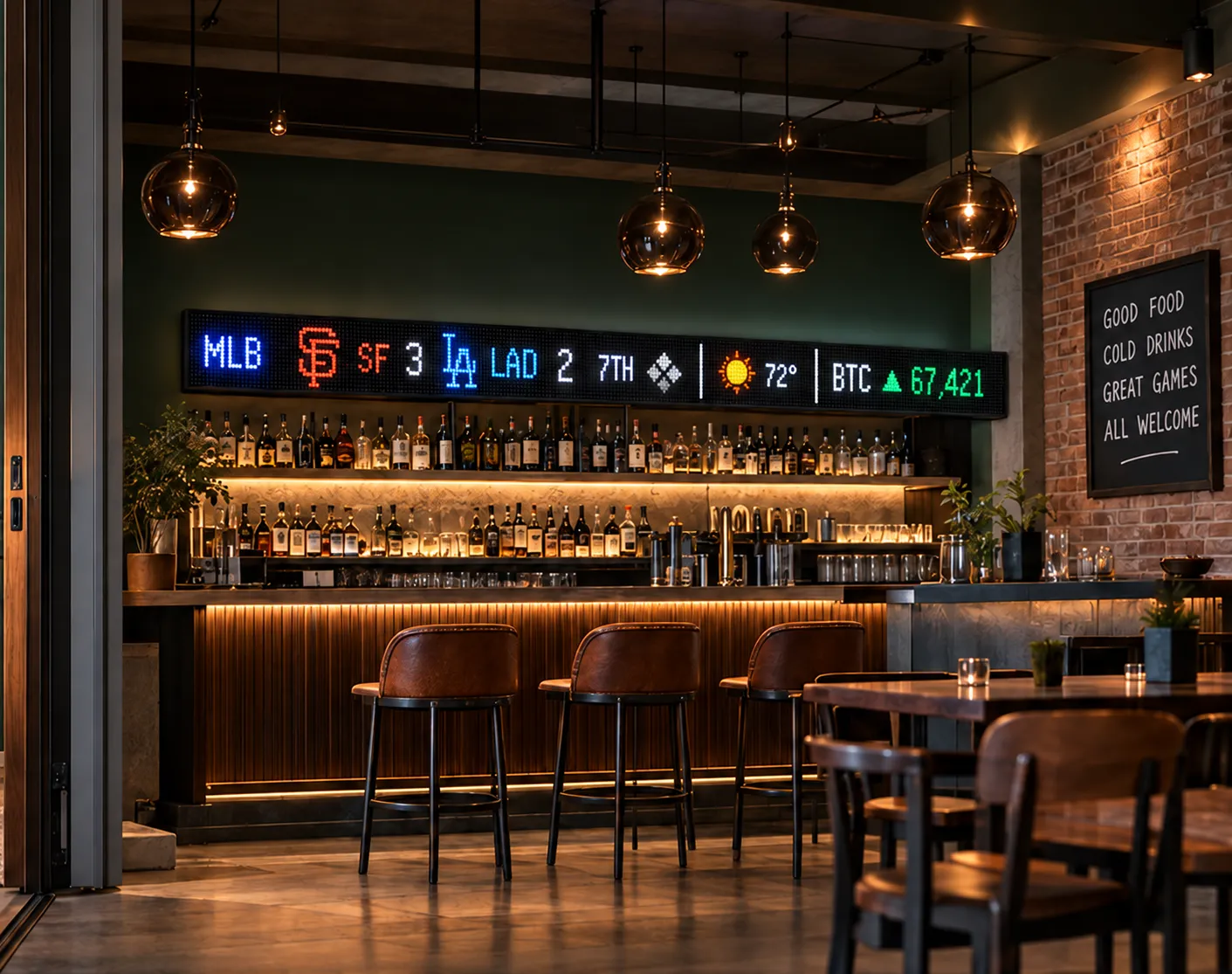 Illustrative neighborhood bar with a JamCast sign showing sample scores, weather and prices