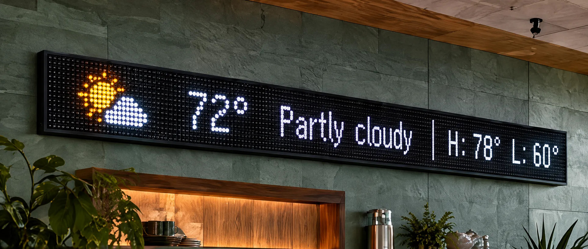 Illustrative interior with weather on an LED sign; sample content